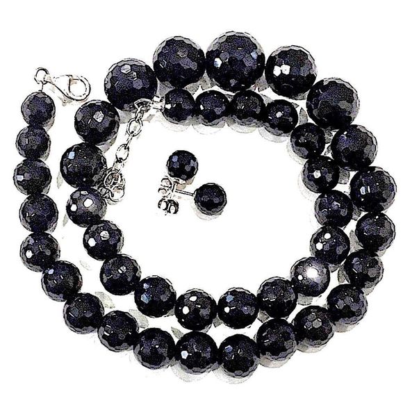 Vintage Black Onyx Faceted Necklace & Faceted Onyx Sterling Silver Earrings Set - Picture 1 of 12